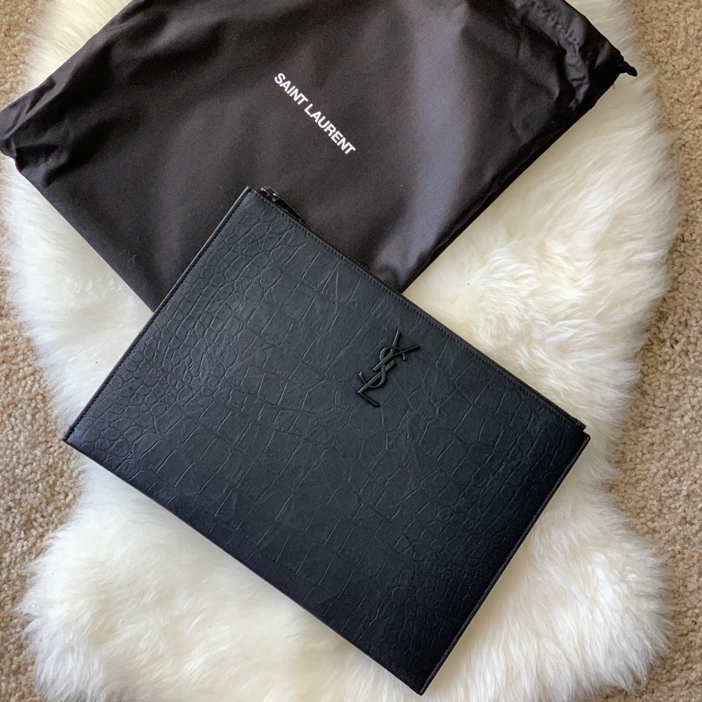 YSL MONOGRAM TABLET HOLDER IN CROCODILE